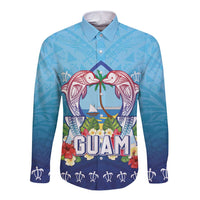 Guam Chamorro Long Sleeve Button Shirt Tribal Latte Stone With Dolphins Blue LT05 Unisex Blue - Polynesian Pride