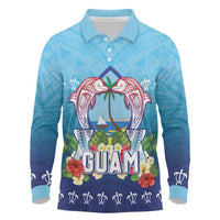 Guam Chamorro Long Sleeve Polo Shirt Tribal Latte Stone With Dolphins Blue LT05 Blue - Polynesian Pride