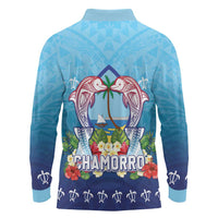 Guam Chamorro Long Sleeve Polo Shirt Tribal Latte Stone With Dolphins Blue LT05 - Polynesian Pride
