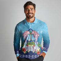 Guam Chamorro Long Sleeve Polo Shirt Tribal Latte Stone With Dolphins Blue LT05 - Polynesian Pride