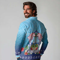 Guam Chamorro Long Sleeve Polo Shirt Tribal Latte Stone With Dolphins Blue LT05 - Polynesian Pride