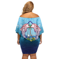 Guam Chamorro Off Shoulder Short Dress Tribal Latte Stone With Dolphins Blue