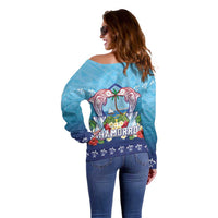 Guam Chamorro Off Shoulder Sweater Tribal Latte Stone With Dolphins Blue