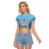 Guam Chamorro Raglan Cropped T Shirt Tribal Latte Stone With Dolphins Blue LT05 Female Blue - Polynesian Pride