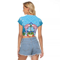 Guam Chamorro Raglan Cropped T Shirt Tribal Latte Stone With Dolphins Blue LT05 - Polynesian Pride