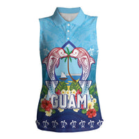 Guam Chamorro Women Sleeveless Polo Shirt Tribal Latte Stone With Dolphins Blue LT05 Female Blue - Polynesian Pride