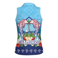 Guam Chamorro Women Sleeveless Polo Shirt Tribal Latte Stone With Dolphins Blue LT05 - Polynesian Pride