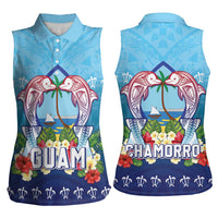 Guam Chamorro Women Sleeveless Polo Shirt Tribal Latte Stone With Dolphins Blue LT05 - Polynesian Pride