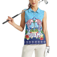 Guam Chamorro Women Sleeveless Polo Shirt Tribal Latte Stone With Dolphins Blue LT05 - Polynesian Pride