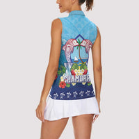 Guam Chamorro Women Sleeveless Polo Shirt Tribal Latte Stone With Dolphins Blue LT05 - Polynesian Pride