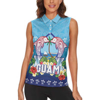 Guam Chamorro Women Sleeveless Polo Shirt Tribal Latte Stone With Dolphins Blue LT05 - Polynesian Pride