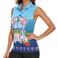 Guam Chamorro Women Sleeveless Polo Shirt Tribal Latte Stone With Dolphins Blue LT05 - Polynesian Pride