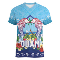 Guam Chamorro Women V-Neck T-Shirt Tribal Latte Stone With Dolphins Blue LT05 Female Blue - Polynesian Pride