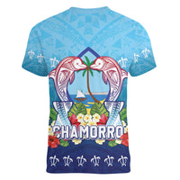 Guam Chamorro Women V-Neck T-Shirt Tribal Latte Stone With Dolphins Blue LT05 - Polynesian Pride
