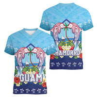 Guam Chamorro Women V-Neck T-Shirt Tribal Latte Stone With Dolphins Blue LT05 - Polynesian Pride