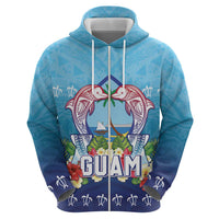 Guam Chamorro Zip Hoodie Tribal Latte Stone With Dolphins Blue
