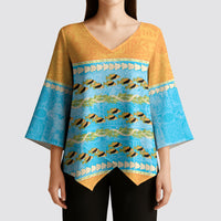 Hawaii Humuhumu Fish Maile Pikake Lei Kimono Sleeve Blouse Tribal Tapa Orange Version