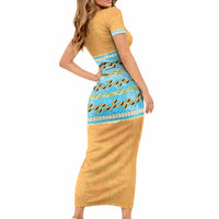 Hawaii Humuhumu Fish Maile Pikake Lei Short Sleeve Bodycon Dress Tribal Tapa Orange Version