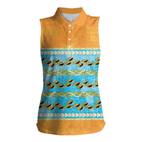 Hawaii Humuhumu Fish Maile Pikake Lei Women Sleeveless Polo Shirt Tribal Tapa Orange Version