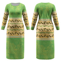 Hawaii Humuhumu Fish Maile Pikake Lei Couples Matching Long Sleeve Bodycon Dress and Long Sleeve Button Shirt Tribal Tapa Green Version