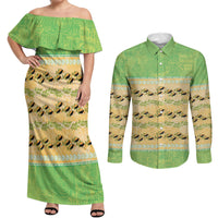Hawaii Humuhumu Fish Maile Pikake Lei Couples Matching Off Shoulder Maxi Dress and Long Sleeve Button Shirt Tribal Tapa Green Version