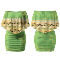 Hawaii Humuhumu Fish Maile Pikake Lei Couples Matching Off Shoulder Short Dress and Hawaiian Shirt Tribal Tapa Green Version