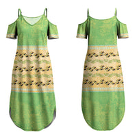 Hawaii Humuhumu Fish Maile Pikake Lei Couples Matching Summer Maxi Dress and Long Sleeve Button Shirt Tribal Tapa Green Version