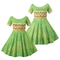 Hawaii Humuhumu Fish Maile Pikake Lei Family Matching Off Shoulder Maxi Dress and Hawaiian Shirt Tribal Tapa Green Version