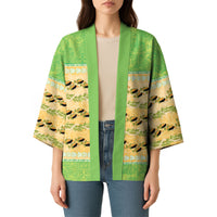 Hawaii Humuhumu Fish Maile Pikake Lei Kimono Tribal Tapa Green Version