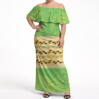 Hawaii Humuhumu Fish Maile Pikake Lei Off Shoulder Maxi Dress Tribal Tapa Green Version