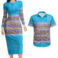Hawaii Humuhumu Fish Maile Pikake Lei Couples Matching Long Sleeve Bodycon Dress and Hawaiian Shirt Tribal Tapa Blue Version