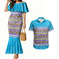 Hawaii Humuhumu Fish Maile Pikake Lei Couples Matching Mermaid Dress and Hawaiian Shirt Tribal Tapa Blue Version