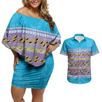 Hawaii Humuhumu Fish Maile Pikake Lei Couples Matching Off Shoulder Short Dress and Hawaiian Shirt Tribal Tapa Blue Version