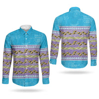 Hawaii Humuhumu Fish Maile Pikake Lei Couples Matching Puletasi and Long Sleeve Button Shirt Tribal Tapa Blue Version