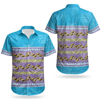 Hawaii Humuhumu Fish Maile Pikake Lei Couples Matching Summer Maxi Dress and Hawaiian Shirt Tribal Tapa Blue Version