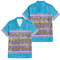 Hawaii Humuhumu Fish Maile Pikake Lei Family Matching Off Shoulder Short Dress and Hawaiian Shirt Tribal Tapa Blue Version