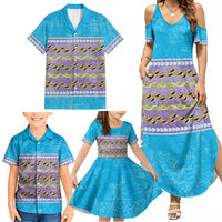 Hawaii Humuhumu Fish Maile Pikake Lei Family Matching Summer Maxi Dress and Hawaiian Shirt Tribal Tapa Blue Version
