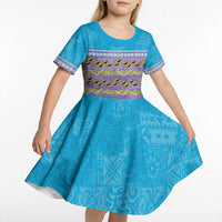 Hawaii Humuhumu Fish Maile Pikake Lei Kid Short Sleeve Dress Tribal Tapa Blue Version