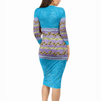 Hawaii Humuhumu Fish Maile Pikake Lei Long Sleeve Bodycon Dress Tribal Tapa Blue Version