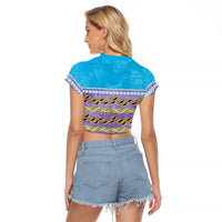 Hawaii Humuhumu Fish Maile Pikake Lei Raglan Cropped T Shirt Tribal Tapa Blue Version