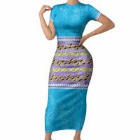Hawaii Humuhumu Fish Maile Pikake Lei Short Sleeve Bodycon Dress Tribal Tapa Blue Version