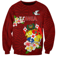 Personalized Tonga Sweatshirt Coat Of Arms Plumeria With Ngatu Pattern LT05 Unisex Red - Polynesian Pride