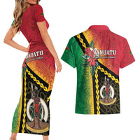 Happy Vanuatu Constitution Day Couples Matching Short Sleeve Bodycon Dress and Hawaiian Shirt Flag Style With Sand Drawing Pattern