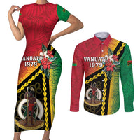 Happy Vanuatu Constitution Day Couples Matching Short Sleeve Bodycon Dress and Long Sleeve Button Shirt Flag Style With Sand Drawing Pattern