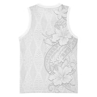 Tokelau White Sunday Basketball Jersey Elegant Hibiscus Polynesian Tribal Pattern