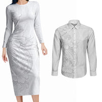Tokelau White Sunday Couples Matching Long Sleeve Bodycon Dress and Long Sleeve Button Shirt Elegant Hibiscus Polynesian Tribal Pattern