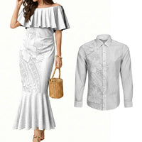 Tokelau White Sunday Couples Matching Mermaid Dress and Long Sleeve Button Shirt Elegant Hibiscus Polynesian Tribal Pattern