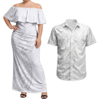 Tokelau White Sunday Couples Matching Off Shoulder Maxi Dress and Hawaiian Shirt Elegant Hibiscus Polynesian Tribal Pattern