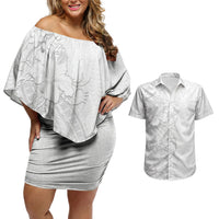 Tokelau White Sunday Couples Matching Off Shoulder Short Dress and Hawaiian Shirt Elegant Hibiscus Polynesian Tribal Pattern