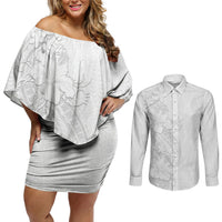 Tokelau White Sunday Couples Matching Off Shoulder Short Dress and Long Sleeve Button Shirt Elegant Hibiscus Polynesian Tribal Pattern
